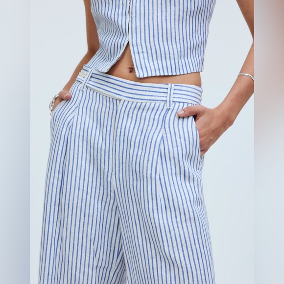 Madewell Women's 8 The Harlow Wide-Leg Pant in 100% Linen Bluestone Stripe White - Picture 16 of 16